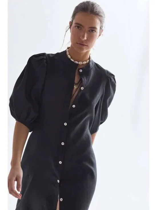 Lanhtropy Bubble Linen Midi Dress 100% Organic Linen - Picture 5 of 11